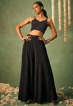 Embroidered Chinon Chiffon Crop Top Set in Black