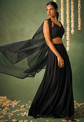 Embroidered Chinon Chiffon Crop Top Set in Black