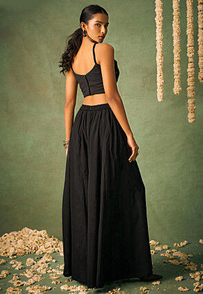 Embroidered Chinon Chiffon Crop Top Set in Black