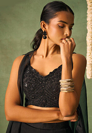 Embroidered Chinon Chiffon Crop Top Set in Black
