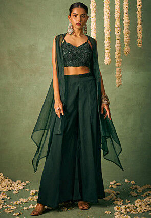 Embroidered Chinon Chiffon Crop Top Set in Dark Green