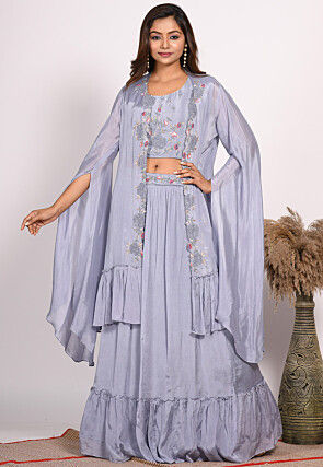 Embroidered Chinon Chiffon Crop Top Set in Dusty Blue