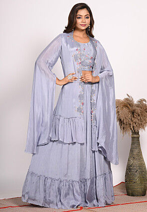 Embroidered Chinon Chiffon Crop Top Set in Dusty Blue