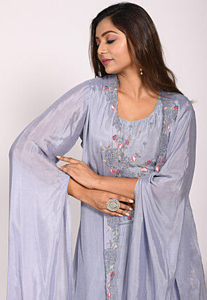 Embroidered Chinon Chiffon Crop Top Set in Dusty Blue