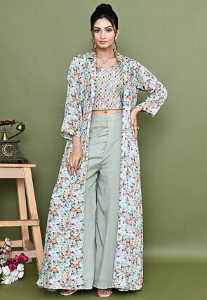 Embroidered Chinon Chiffon Crop Top Set in Dusty Green