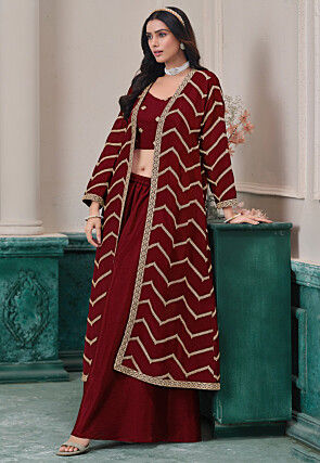 Embroidered Chinon Chiffon Crop Top Set in Maroon