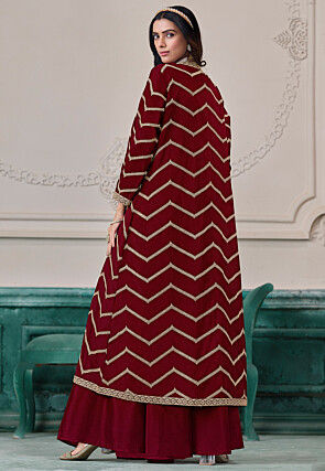 Embroidered Chinon Chiffon Crop Top Set in Maroon