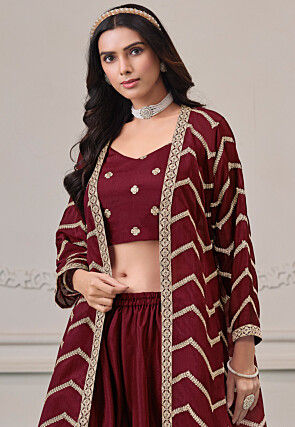 Embroidered Chinon Chiffon Crop Top Set in Maroon