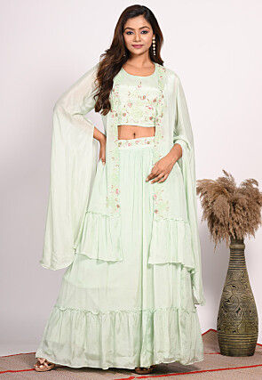 Embroidered Chinon Chiffon Crop Top Set in Pastel Green