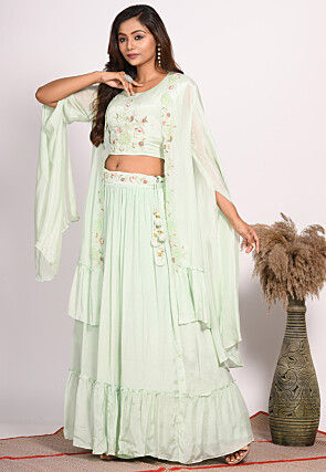 Embroidered Chinon Chiffon Crop Top Set in Pastel Green