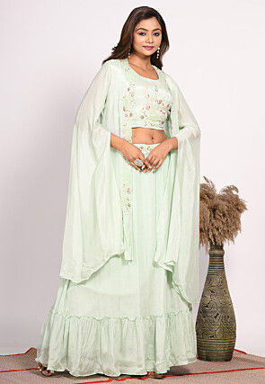 Embroidered Chinon Chiffon Crop Top Set in Pastel Green