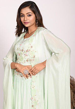 Embroidered Chinon Chiffon Crop Top Set in Pastel Green