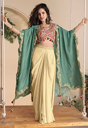 Embroidered Chinon Chiffon Crop Top Set in Pink