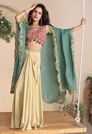 Embroidered Chinon Chiffon Crop Top Set in Pink