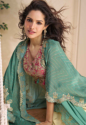 Embroidered Chinon Chiffon Crop Top Set in Pink