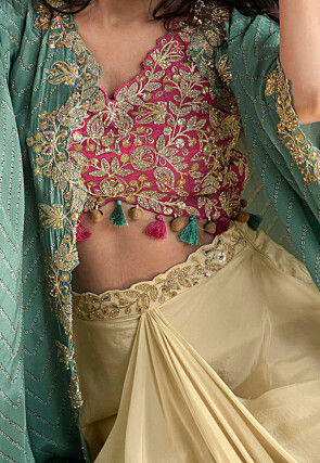 Embroidered Chinon Chiffon Crop Top Set in Pink