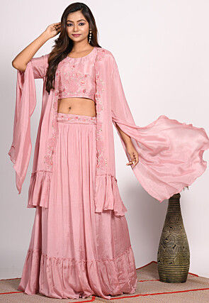 Embroidered Chinon Chiffon Crop Top Set in Pink