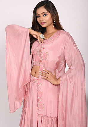 Embroidered Chinon Chiffon Crop Top Set in Pink