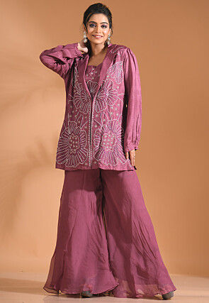 Embroidered Chinon Chiffon Crop Top Set in Pink