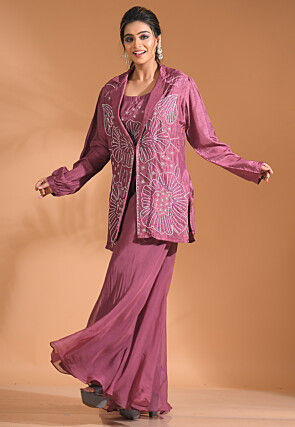 Embroidered Chinon Chiffon Crop Top Set in Pink