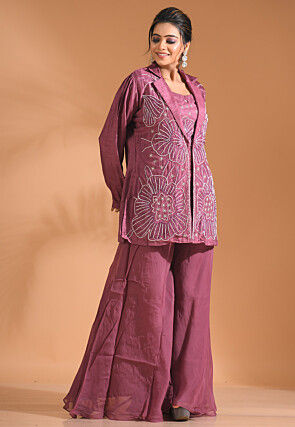 Embroidered Chinon Chiffon Crop Top Set in Pink