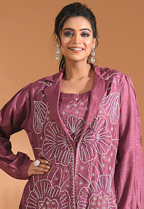 Embroidered Chinon Chiffon Crop Top Set in Pink