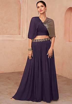 Embroidered Chinon Chiffon Crop Top Set in Purple