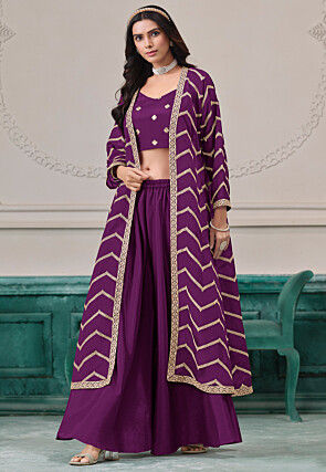 Embroidered Chinon Chiffon Crop Top Set in Purple