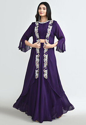 Embroidered Chinon Chiffon Crop Top Set in Purple