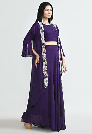 Embroidered Chinon Chiffon Crop Top Set in Purple