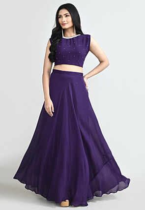 Embroidered Chinon Chiffon Crop Top Set in Purple