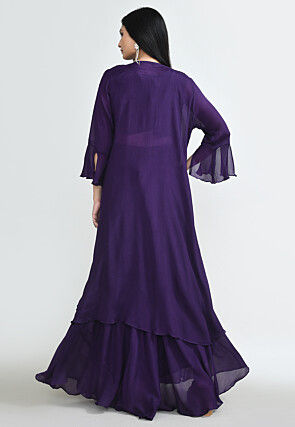 Embroidered Chinon Chiffon Crop Top Set in Purple