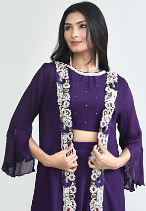 Embroidered Chinon Chiffon Crop Top Set in Purple