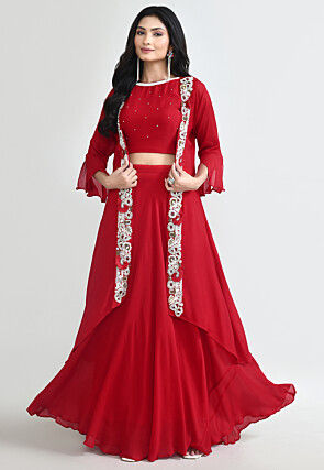 Embroidered Chinon Chiffon Crop Top Set in Red