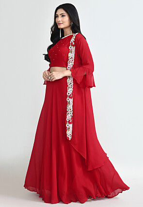 Embroidered Chinon Chiffon Crop Top Set in Red