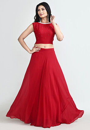 Embroidered Chinon Chiffon Crop Top Set in Red
