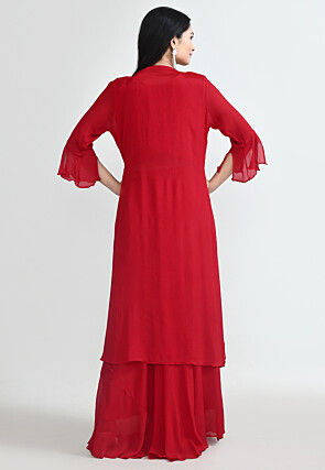 Embroidered Chinon Chiffon Crop Top Set in Red