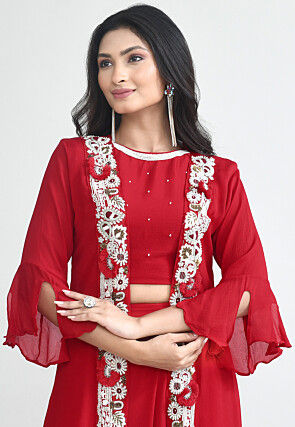 Embroidered Chinon Chiffon Crop Top Set in Red