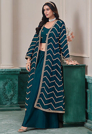 Embroidered Chinon Chiffon Crop Top Set in Teal Blue