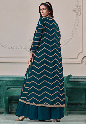 Embroidered Chinon Chiffon Crop Top Set in Teal Blue