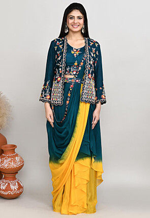 Embroidered Chinon Chiffon Crop Top Set in Teal Blue