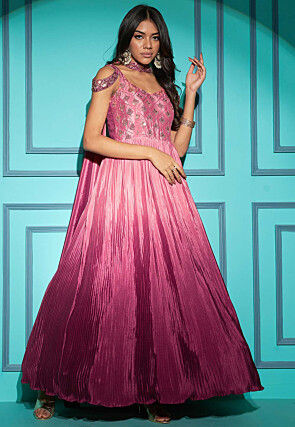 Embroidered Chinon Chiffon Flared Gown in Pink