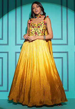 Embroidered Chinon Chiffon Flared Gown in Yellow