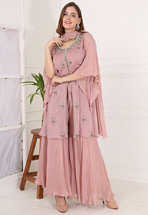 Embroidered Chinon Chiffon Front Slit Pakistani Suit in Dusty pink