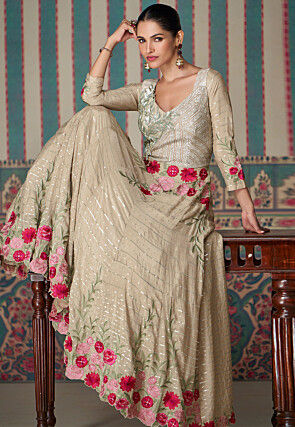 Embroidered Chinon Chiffon Gown in Beige