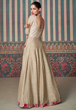 Embroidered Chinon Chiffon Gown in Beige