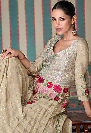 Embroidered Chinon Chiffon Gown in Beige