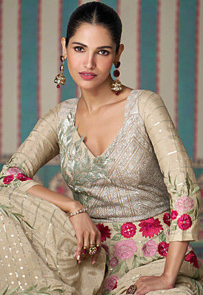 Embroidered Chinon Chiffon Gown in Beige