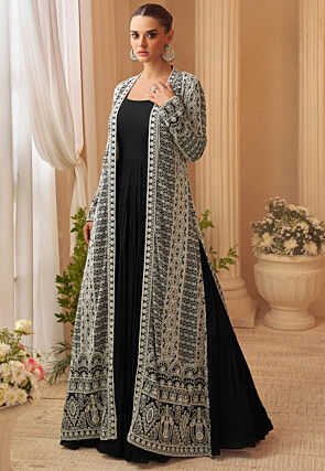 Embroidered Chinon Chiffon Gown in Black