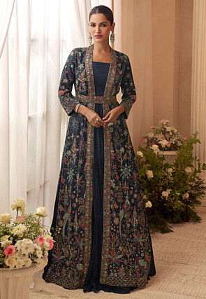 Embroidered Chinon Chiffon Gown in Navy Blue